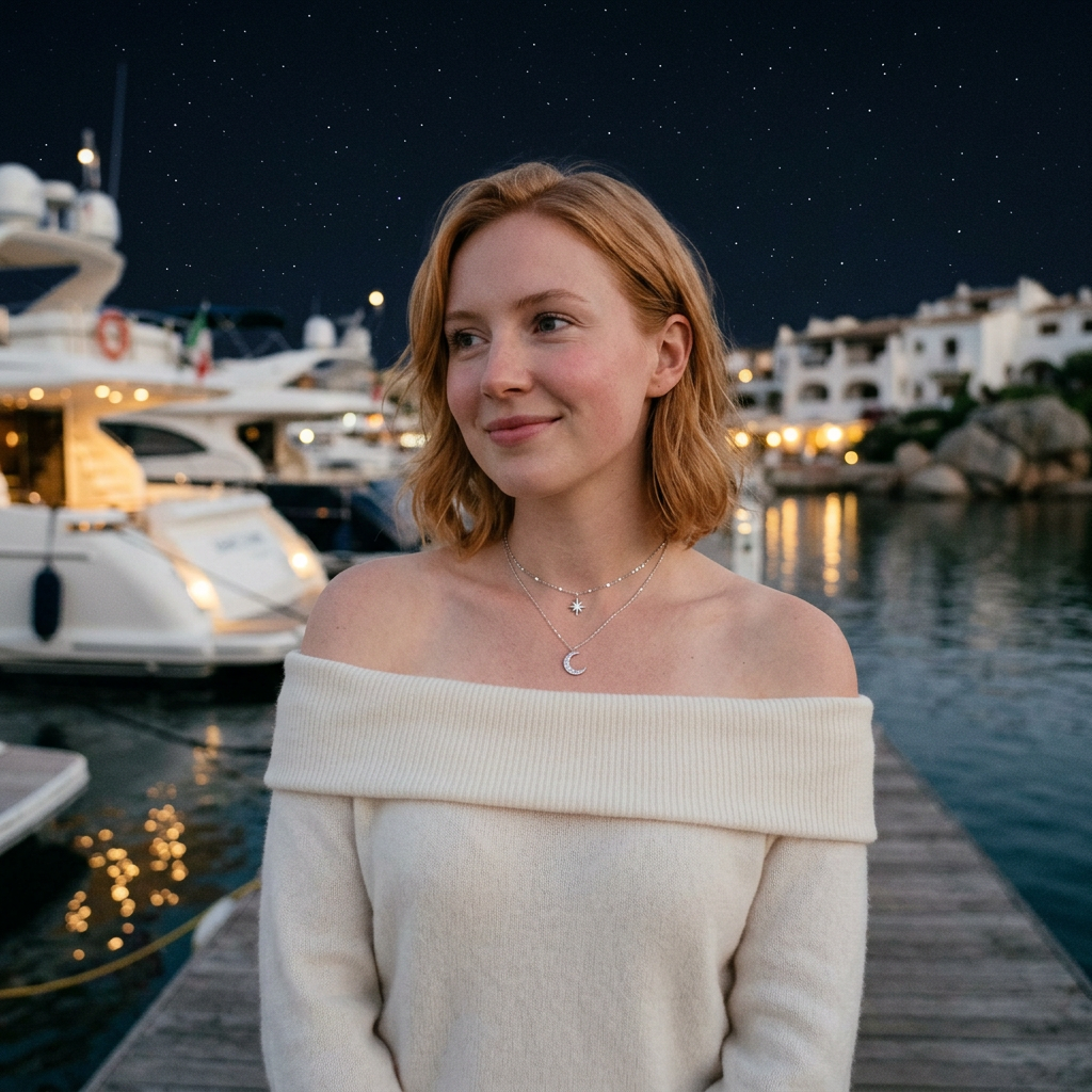 Collana Notte Stellata Porto Cervo indossata al porto di Porto Cervo