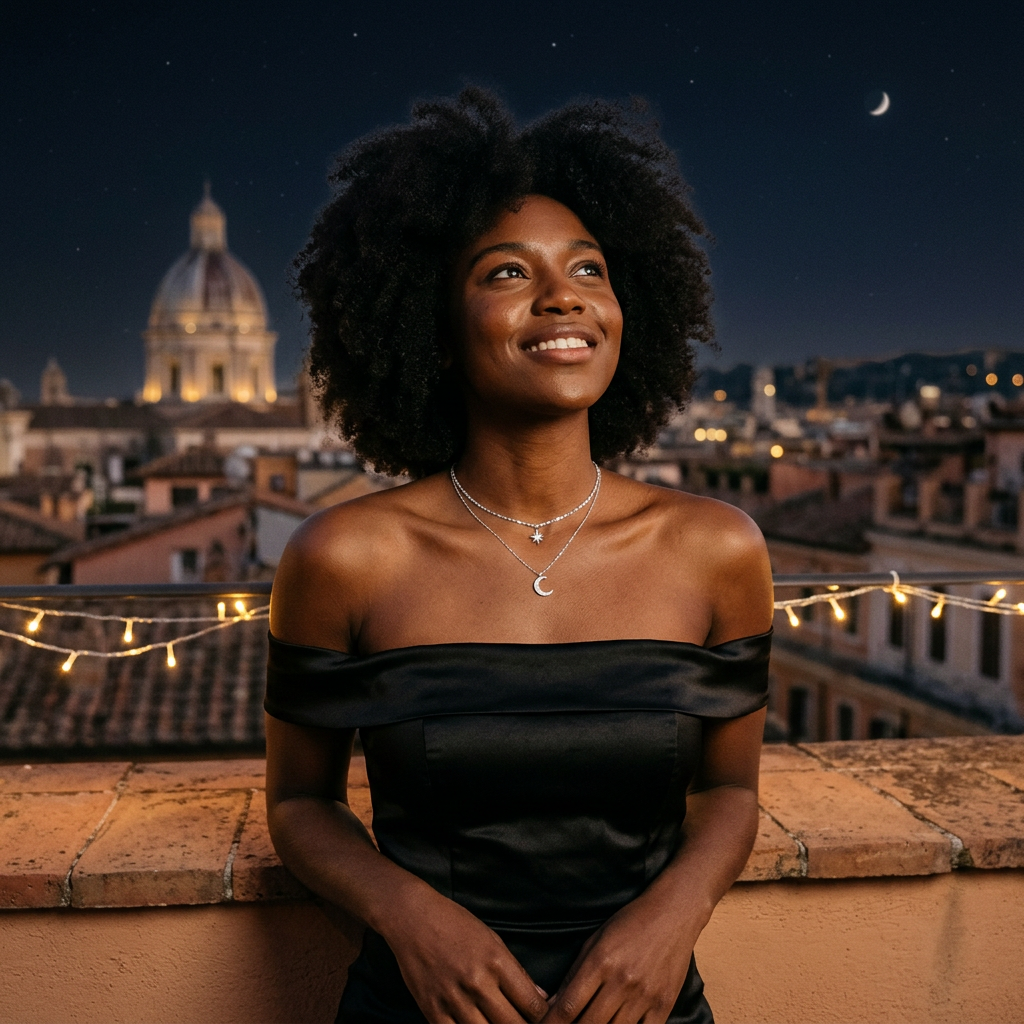 Collana Notte Stellata Porto Cervo indossata su una terrazza di notte