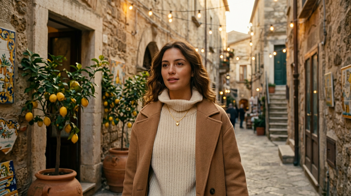 Donna con collana PuntoSud Cuore Mio in un vicolo del Sud Italia in inverno